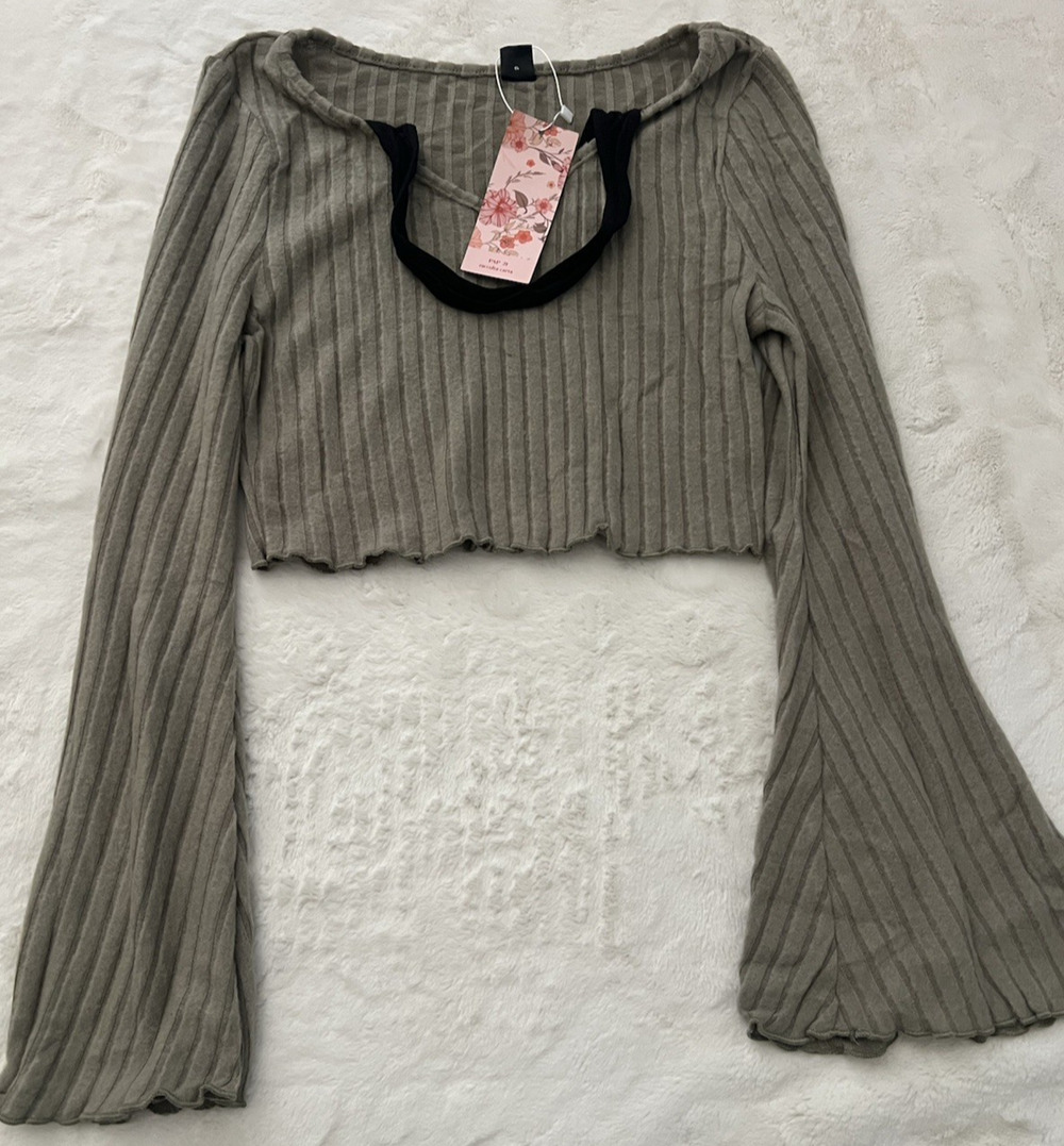 Shein MOD Womens Ribbed Long Sleeve Top Gray Stretch Casual Size M NWT